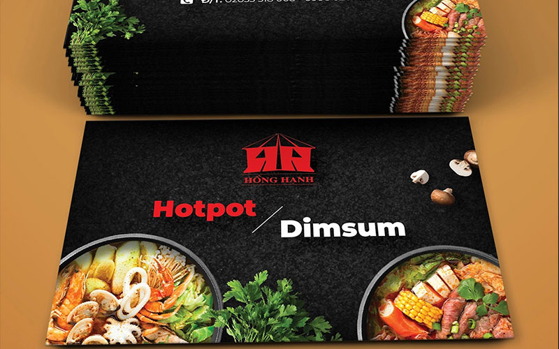 Mẫu card visit với tông đen cùng hình ảnh các món ăn của nhà hàng Hồng Hạnh